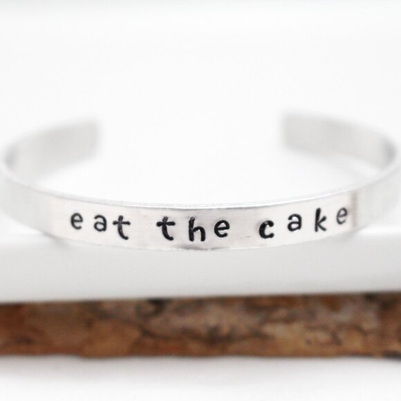 Eat The Cake - Hand Stamped Anodized Aluminum Bangle - Adjustable - Picture 9 of 11